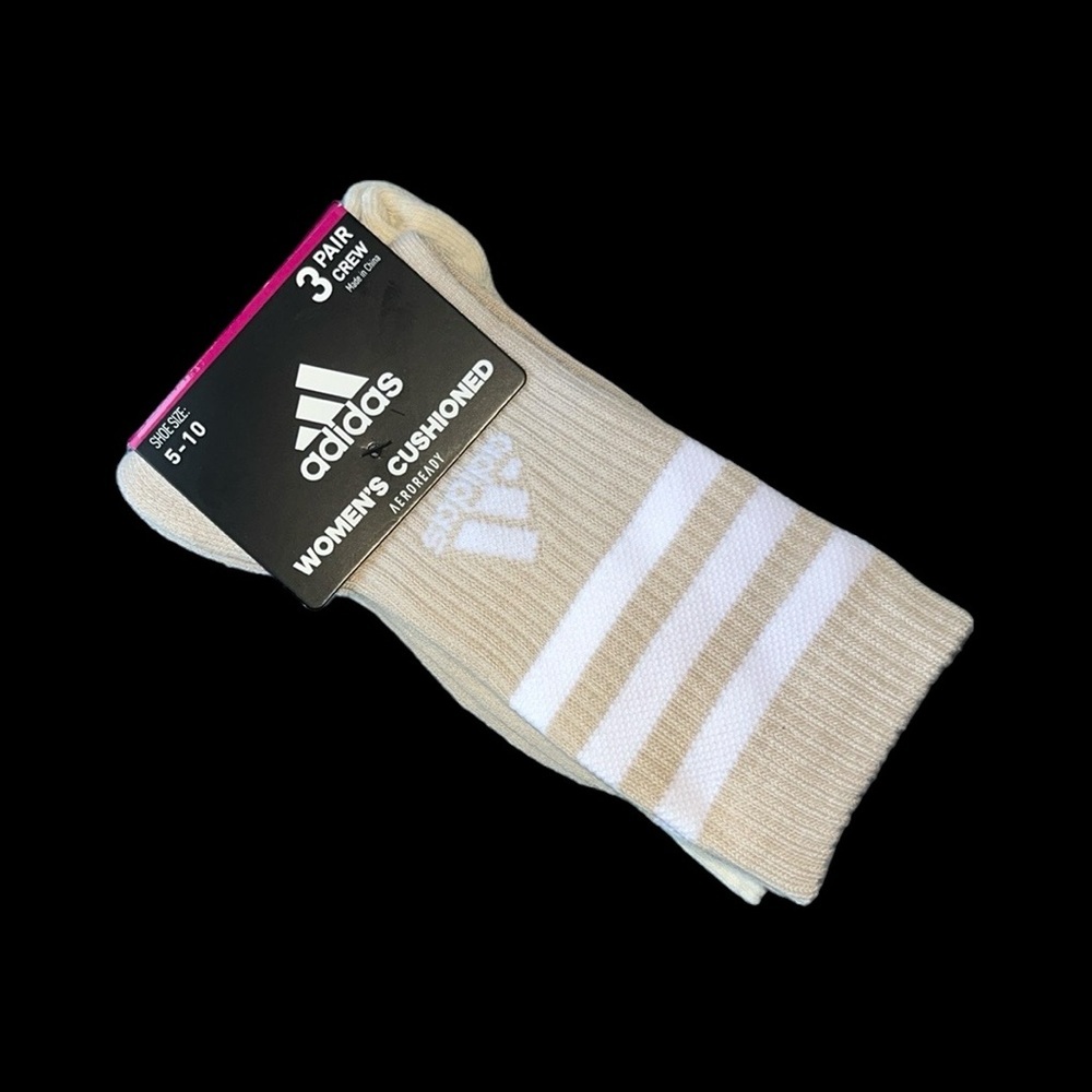 Adidas Crew Socks Cushioned 3 Pair Womens Beige Stripe Size 5-10 Aeroready